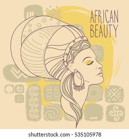 beautiful African American woman on ethnic ornament, "african beauty" poster, vector illustration