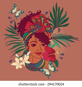 beautiful African American woman with palm leaves, butterflies and tropical flowers, vector illustration