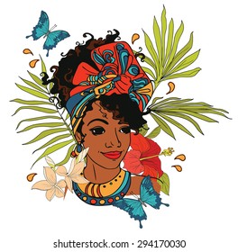 beautiful African American woman with palm leaves, butterflies and tropical flowers, vector illustration