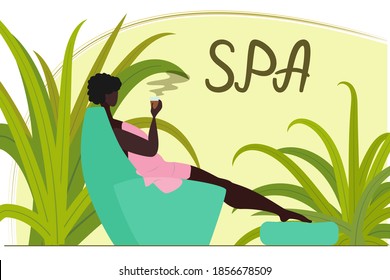 Beautiful African American woman relaxes in the spa salon. Black woman sitting in a chair after a sauna or massage. Taking care of your body, beauty and health. Vector in a flat style.