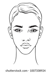 Beautiful african american woman with short haircut portrait isolated on white background. Face chart Makeup Artist Blank Template. Vector illustration.