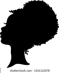 Beautiful African American Woman, Silhouette Profile In Black. Curly, Bun Hairstyle