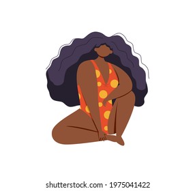 A beautiful African American woman sits relaxed in a one-piece orange polka dot swimsuit. Flat vector illustration.