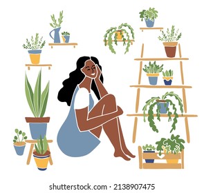 Beautiful African american woman sitting and relaxing among the greenery, flower pots in home garden. Love of gardening. Colorful female character isolated on white. Flat, vector illustration. 