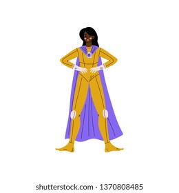 Beautiful African American Woman in Superhero Costume and Cape, Super Girl Character Vector Illustration