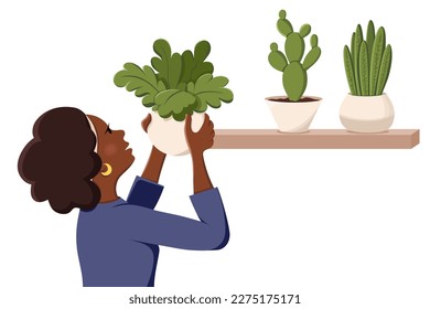 Beautiful African American woman takes care of houseplants, decorates home. Potted plants on the shelf. Cactus, Sansevieria. Home decor and gardening concept. Isolated vector illustration