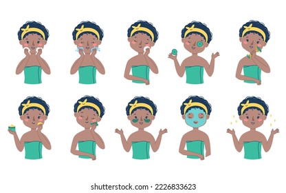 Beautiful african american woman taking care of her facial skin step by step. Big vector set. Isolated on white background