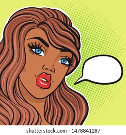 Beautiful african american woman thinking face in pop art comic retro style with empty speech bubble, vector illustration eps10