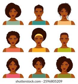 beautiful African American woman with various hairstyles. Portrait of a young black woman with natural afro or straightened hair, suitable as an avatar or for beauty and hair care topics.