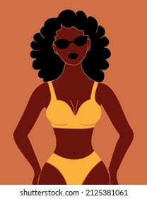Beautiful African American woman wearing dark sunglasses and a yellow swimsuit. Female character in trendy modern style isolated on brown background. Love your body. Vector illustration. 