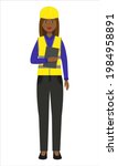 Beautiful African American woman in yellow helmet and vest. Engineer. Architect. Construction worker. Isolated flat vector illustration.