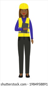 Beautiful African American woman in yellow helmet and vest. Engineer. Architect. Construction worker. Isolated flat vector illustration.