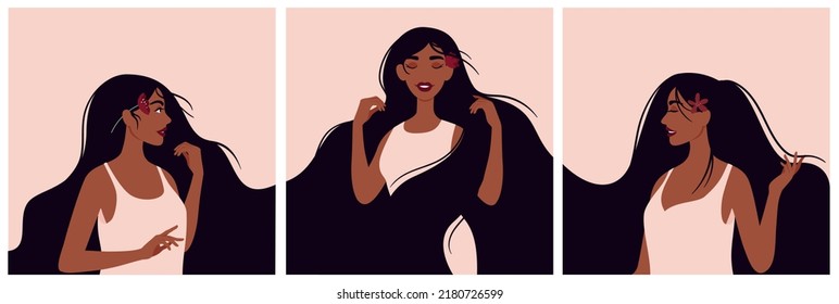 Hermosas mujeres africanas con el pelo negro. Plantilla para salón de belleza, peluquería o Día de la Mujer, 8 de marzo. Tres cartas con ilustraciones minimalistas