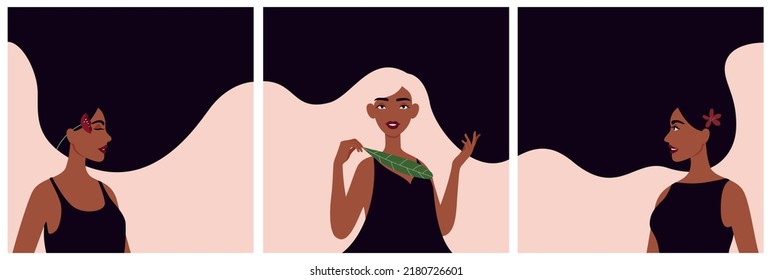 Hermosas mujeres africanas de cabello blanco y negro. Tarjetas marcadas con una transición suave de líneas. Tres cartas con ilustraciones minimalistas.