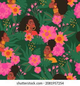 Beautiful African American women surrounded by magical flowers and rainforest.