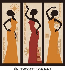 Beautiful African American women. Triptych. Hand drawing illustration.