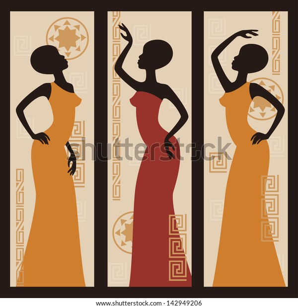 Beautiful African American women. Triptych. Hand drawing illustration. Modern African mural painting. 
