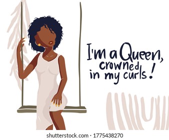 Beautiful African American young woman vector card. Fashion female poster with hand drawn lettering quote - I am a queen crowned in my curls. Black lives matter.