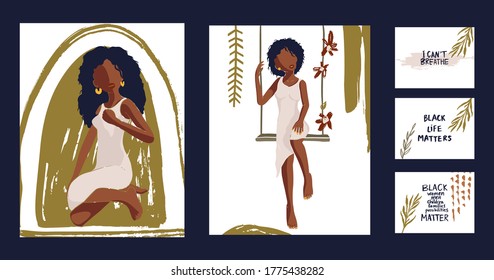 Beautiful African American young woman vector card set. Fashion female poster collection and lettering quotes - Black lives matter, I cant breathe.