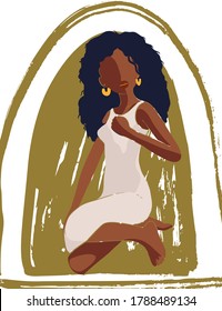 Beautiful African American young woman. Abstract vector card. Fashion female beauty poster. Hand drawn textured interior print. Girl power.