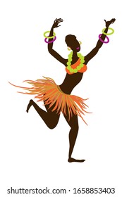 A beautiful African black girl dressed in a traditional colorful African outfit is dancing a ritual national dance. A cartoon-style character isolated on a white background. Vector illustration