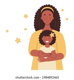 Belle femme noire africaine tenant un bébé dans les bras, la mère embrasse ses enfants. Fête des mères, Fête des femmes. Illustration vectorielle à plat isolée sur fond blanc.
