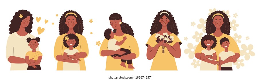 Beautiful African black woman holds a baby in her arms, mom hugs her children. Mother's day, women's day. Set of flat vector people isolated on white background