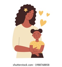 Beautiful African black woman holds a baby in her arms, mom hugs her children. Mother's day, women's day. Flat vector illustration isolated on white background.