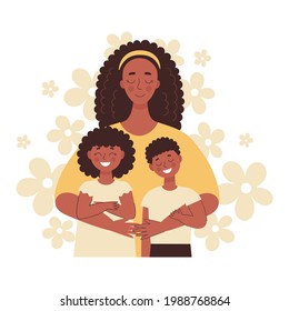 Beautiful African black woman  mom hugs her children. Mother's day, women's day. Flat vector illustration isolated on white background.
