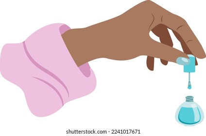 Beautiful African female hand holding blue nail polish brush over the bottle isolated on white