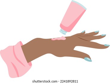 Beautiful African female hand using hand cream flat style isolated on white backround