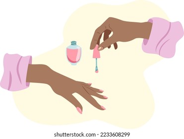 Beautiful African female hands doing manicure with pink nail polish in flat style