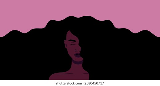 Beautiful African female with long flowing hair beauty banner. Woman with long black hair. Banner for beauty salon, hair salon, Womens Day