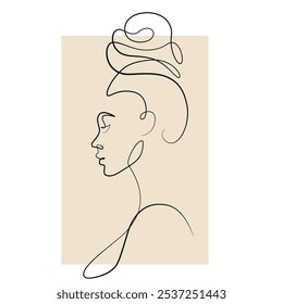 Hermosa chica africana con dibujo de una línea de moño. Hermosa chica africana con ilustración de una sola línea de moño. Hermosa chica africana con bollo minimalista línea de arte