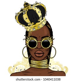 Beautiful African girl in the crown. Black woman. Vector illustration, fashion and style.
