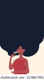 Beautiful african girl with flowing black hair. Woman holds a flower. Template for beauty salon, hair salon, shampoo or Women's Day, 8th March. 
