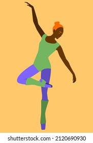 Beautiful African girl in gymnastic clothes and pose. Ballet. Dance. Vector flat illustration.