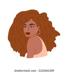 Beautiful African girl. Long curly flowing hair and round earrings. Colorful vector isolated illustration hand drawn. African American young woman