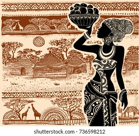 Beautiful African girl on the background of African landscape