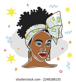 Beautiful african girl portrait, avatar, banner decoration, colored people, doodle style vector illustration