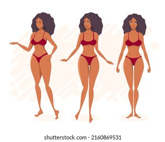Beautiful African girl in a red bikini. Three poses.