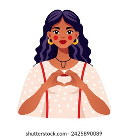 Beautiful african girl shows a heart sign with her hands. A woman holds her hands in the shape of a heart. Concept for International Women's Day, Valentine's Day, love. Vector illustration.