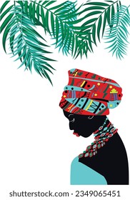  Beautiful African girl in a sky-blue dress and a turban on her head. Woman portrait in tropical leaves. Tropical leaves background. Modern minimalist glamor woman poster. Vector