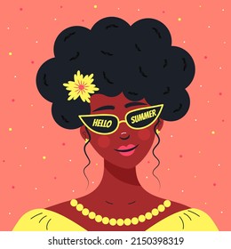 Beautiful african girl with sunglasses. Hello summer quote into the glasses. Colorful portrait of ethnic character. 