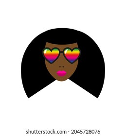 Beautiful african girl with trendy hairstyle and rainbow sunglasses isolated icon. Vector illustration. LGBT, homosexuality, pride, freedom, diversity, equality concept.