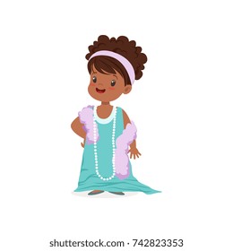 Beautiful african girl wearing dult oversized light blue dress and beads, kid pretending to be adult vector Illustration