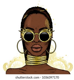 Beautiful African girl wearing glasses. Black woman. Vector illustration, fashion and style.