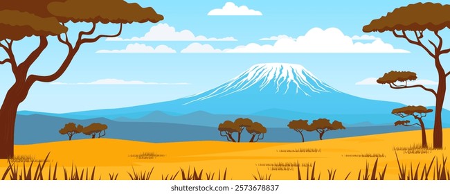 Beautiful African landscape with mountain and savanna. African wildlife. Savannah landscape. Travel and tourism in Africa. Vector illustration for design.