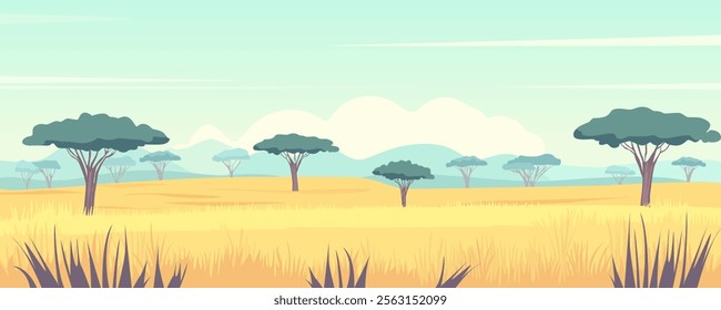 Beautiful African landscape of savannah and mountains. Amazing African wildlife dayscape with trees, fields, vegetation and mountains on a sunny day. Nature vector illustration for design.