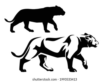 beautiful african lioness walking forward side view portrait - black and white vector animal outline and silhouette design